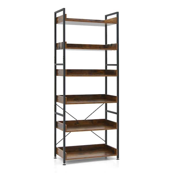Costway 70 in. Tall Brown Metal 6-Shelf Standard Bookcase with 4 Hooks Rustic