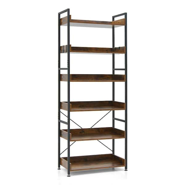 70 in. Tall Brown Metal 6-Shelf Standard Bookcase with 4 Hooks Rustic