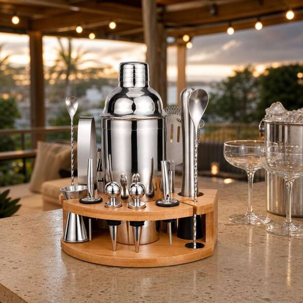 Numhew 12-Piece 25 oz. Silver Cocktail Shaker Set, Stainless Steel Bar Tool Set, Bartender Kit with Stylish Bamboo Stand A0I8W4X0