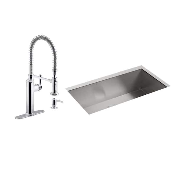 KOHLER Lyric Undermount Stainless Steel 32 in. Single Bowl Kitchen Sink with Sous Kitchen Faucet in Polished Chrome