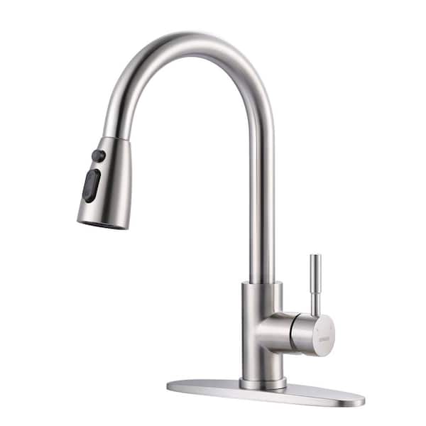 WOWOW Single-Handle Pull-Down Sprayer Kitchen Faucet with Stream and PowerSpray Mode in Brushed Nickel