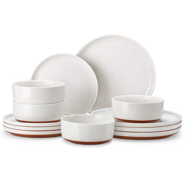 12-Piece Modern Speckled White Stoneware Dinner Plate, Salad Plate and Bowl Set (Service for 4)