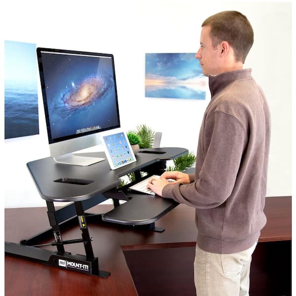 mount-it! 48 in. Corner Black Standing Desk Converter with Full Size  Keyboard Tray and Tablet Slot MI-7958 - The Home Depot