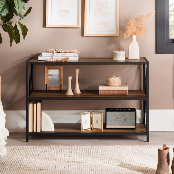 Walker Edison Furniture Company 26 in. Rustic Oak/Black Metal 3-shelf Etagere Bookcase with Open Back