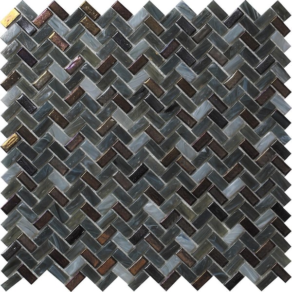 Apollo Tile Dark Gray 11.8 in. x 11.9 in. Herringbone Polished Glass Mosaic Floor and Wall Tile (9.75 sq. ft./Case)