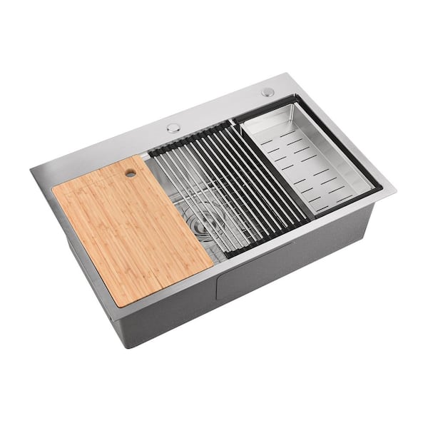 Steelux 33 in. x 22 in. Drop-In Single Bowl Stainless Steel Workstation Kitchen Sink in Brushed with Accessories