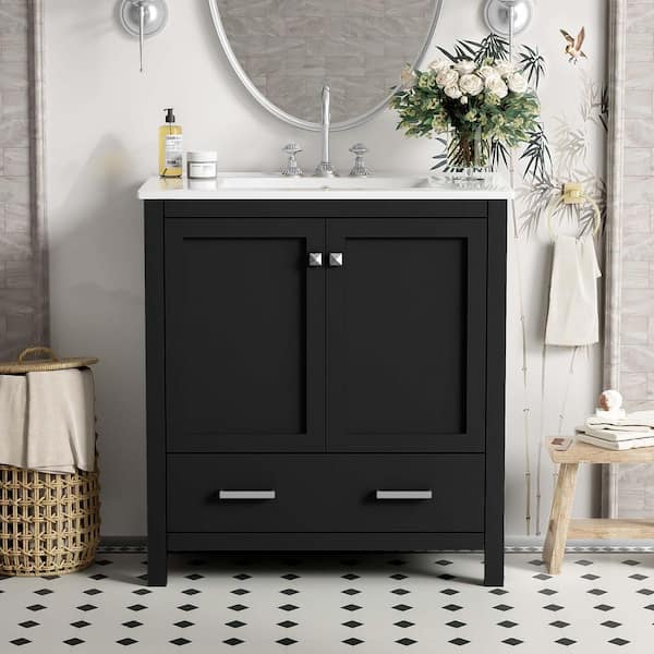 MEDUNJESS 30 in. W x 18 in. D x 34 in. H Single Sink Freestanding Bath Vanity in Black with White Ceramic Top