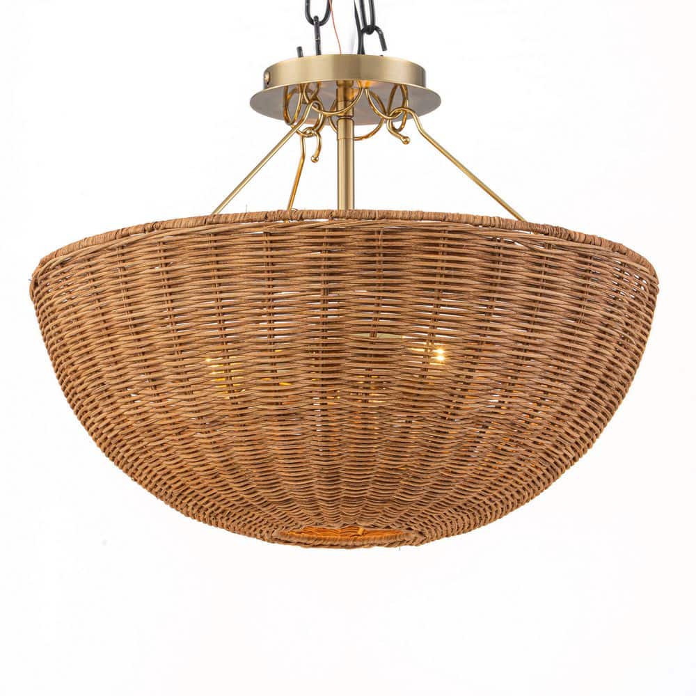 17.7 in. Bowl Brushed Brass 3-Light Coastal Natural Rattan Semi-Flush Mount Ceiling Light for Foyer Bedroom,Dinning Room price history on PriceWatchPro