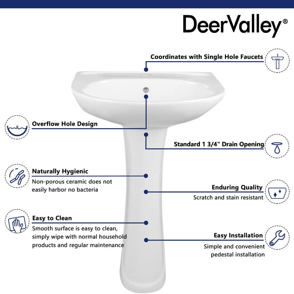 White Ceramic U-Shaped Pedestal Bathroom Sink with Overflow