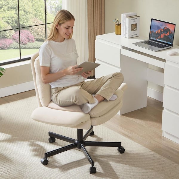 Velour Thick Cushioned Cross-Legged Office Chair in Beige with Adjustable Padded Arms, Mid Back Vanity Chair for Bedroom