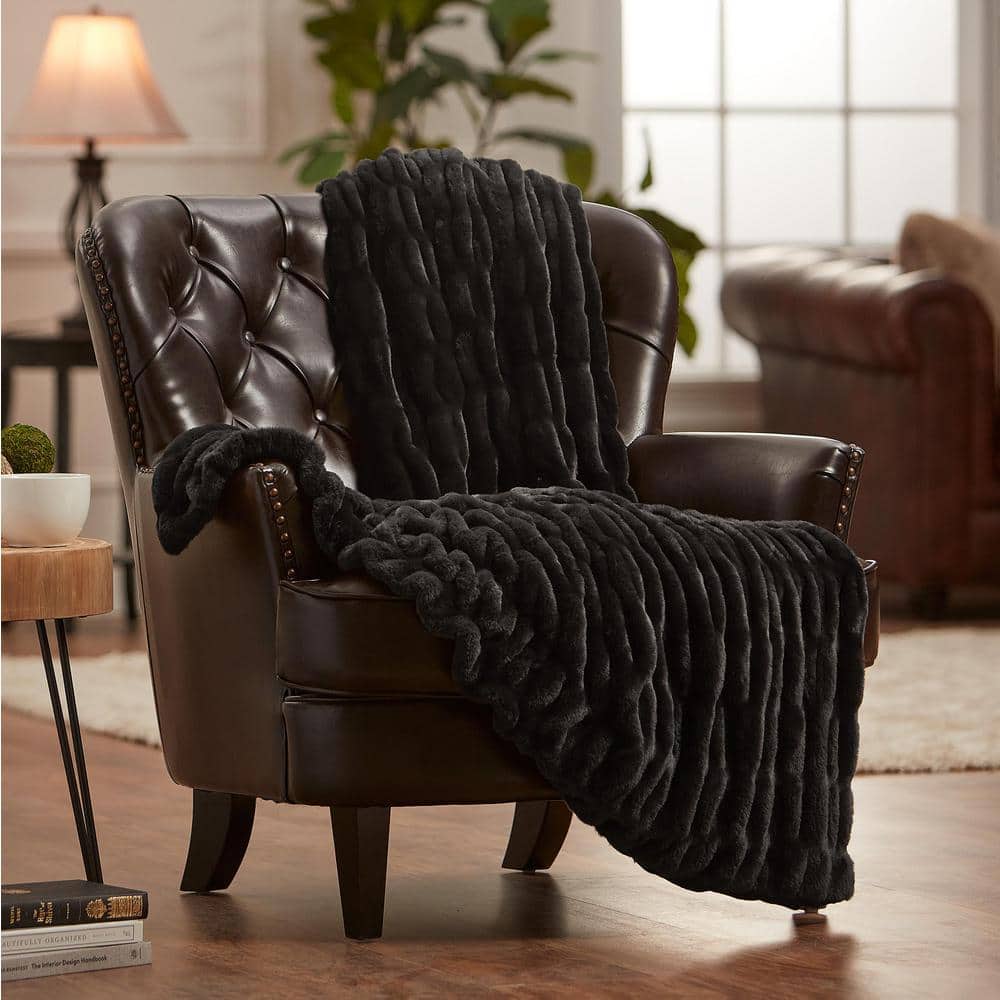 Luxurious Black Faux Fur Reversible Throw Blanket 50" x 65"