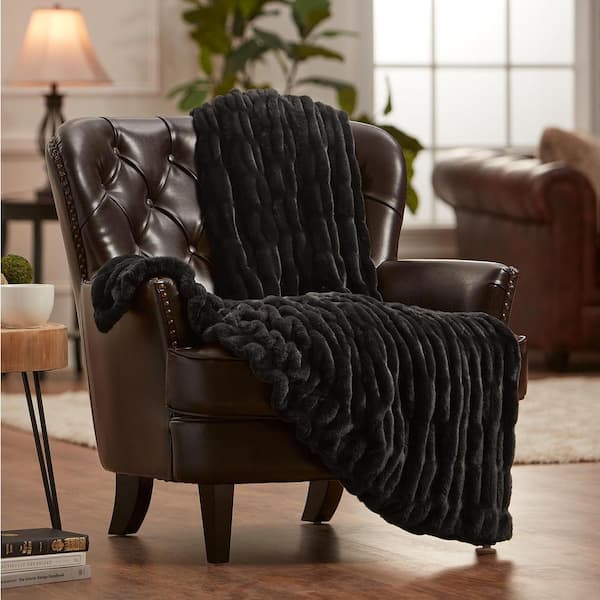 CHANASYA Ruched Black Faux Fur Reversible Minky Throw Blanket, 50 x 65 in.