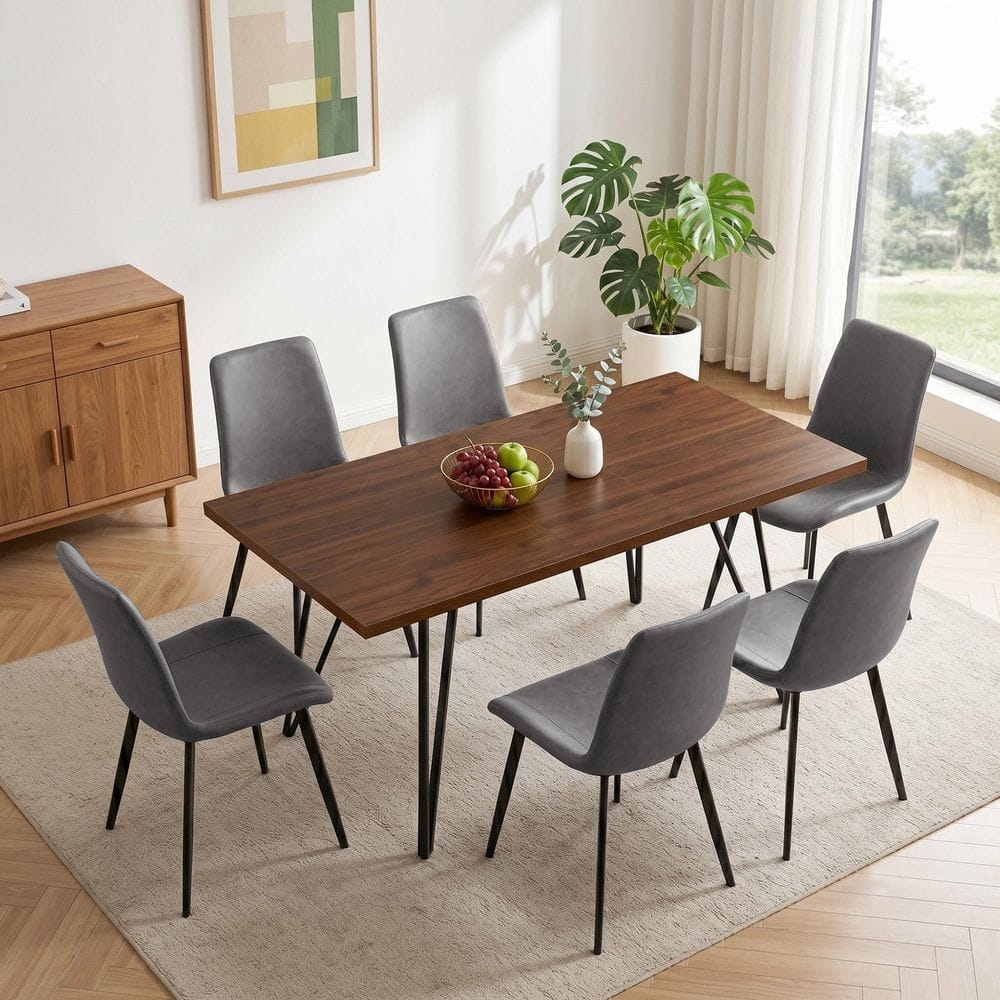 7-Piece Set Grey Chairs and Walnut Rectangular Dining Table, Dining Table Set, Dining Room Set with 6 Chairs