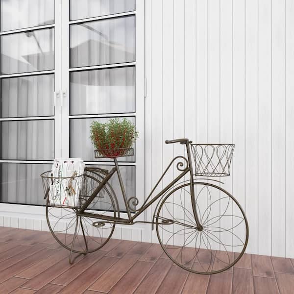 31 in. Brown Metal Bike Indoor Outdoor Scrollwork And Wire Design Plantstand with Basket and Saddle Bag Planters
