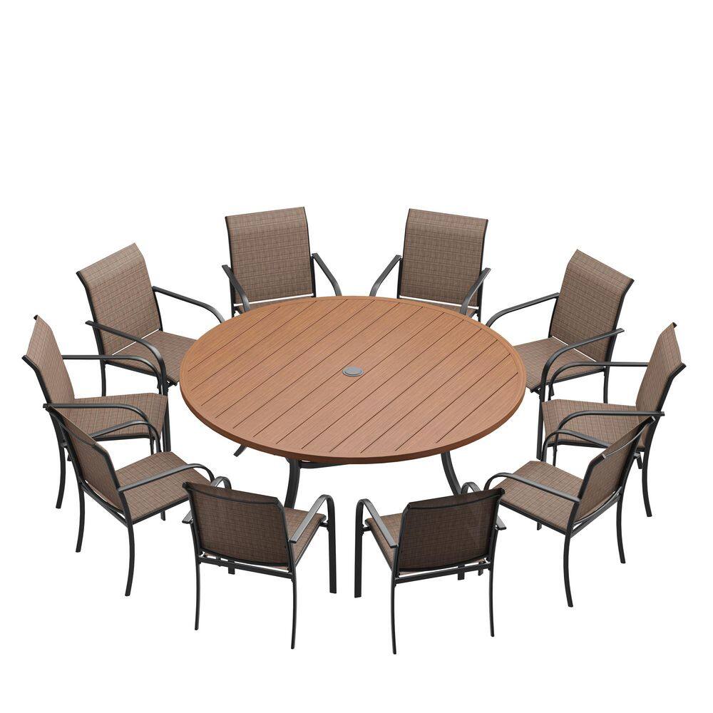 11-Piece Metal Outdoor Dining Set with Walnut Round Table and 10 Brown Stackable Dining Chairs for 10 Person price history on PriceWatchPro