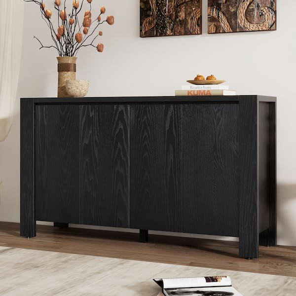 Harper & Bright Designs Black Oak Veneer and MDF 59 in. Sideboard with Adjustable Shelves, 4-Doors and Rubber Wood Legs