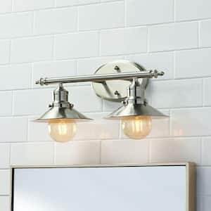 Glenhurst 16 in. 2-Light Brushed Nickel Farmhouse Bathroom Vanity Light with Metal Shades