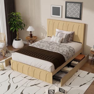 Oak Brown Wood Frame Queen Size Platform Bed with 4 Storage Drawers, Curved Groove Solid Wood Headboard