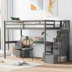 Gray Twin Size Wooden Loft Bed with Storage Staircase, Built-in Desk and 4 Drawers