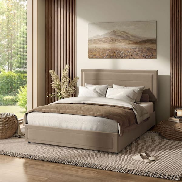 Kieranne Light Brown Upholstered Metal Frame Full Platform Bed With 4 Side Drawers