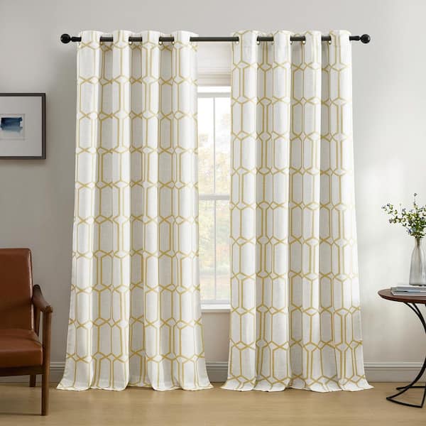 Elrene Kaiden Light Gold Geometric Poly-Linen 52(in)X84(in) Grommet Top Blackout Curtain Panel