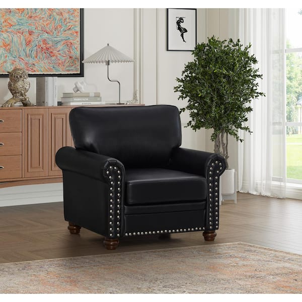 Harper & Bright Designs 35.8 in. Round Arm Faux Leather Rectangle Mid-Century Modern Sofa in Black with Solid Wood Legs and Silver Nails