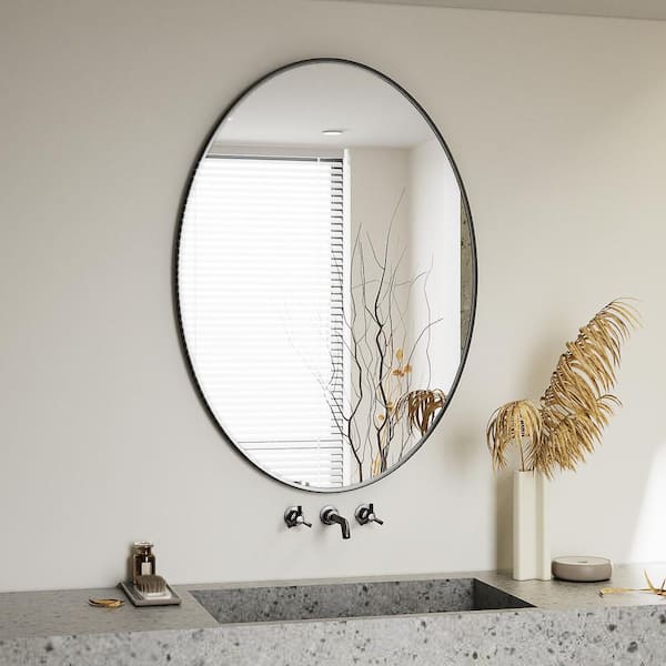 GLSLAND 26 in. W x 37.8 in. H Modern Oval Black Aluminum Alloy Framed Bathroom Mirror Wall Mirror