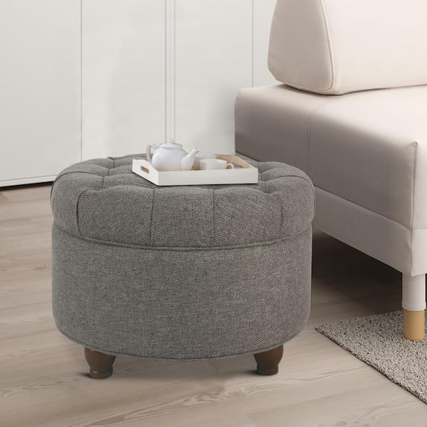 Benjara Gray Fabric Round Storage Ottoman Medium