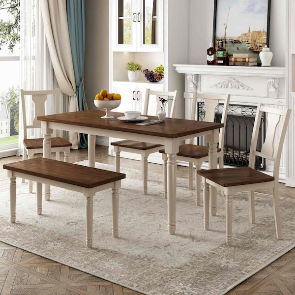 6-Piece Brown/Cottage White Wood Top Dining Room Set Seats 5