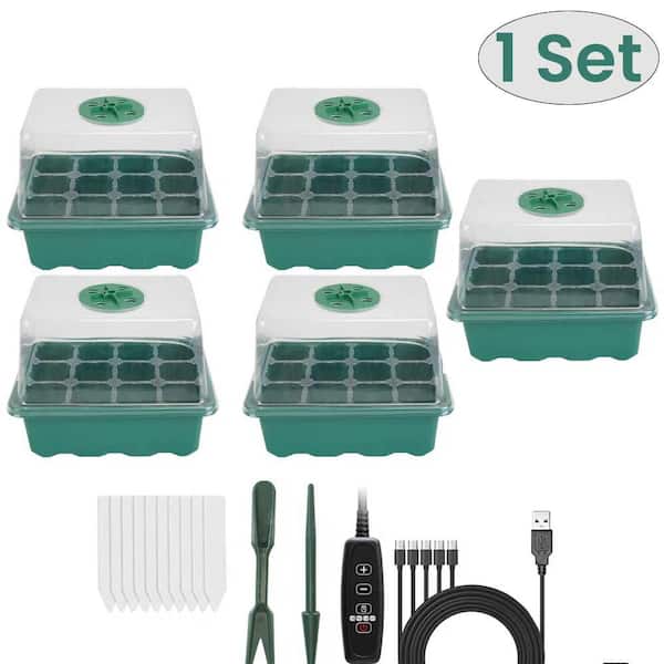 Justincity 1-Set Seed Starter Tray With Grow Light Humidity Dome Germination Kit 5-Level Brightness 4 Timers (5Pcs Trays)