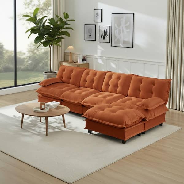 PREM Oversize Modular 138.5 in. Chenille Sectional Sofa Set in Cinnamon Orange with Ottoman, Deep Seating, Easy Assembly