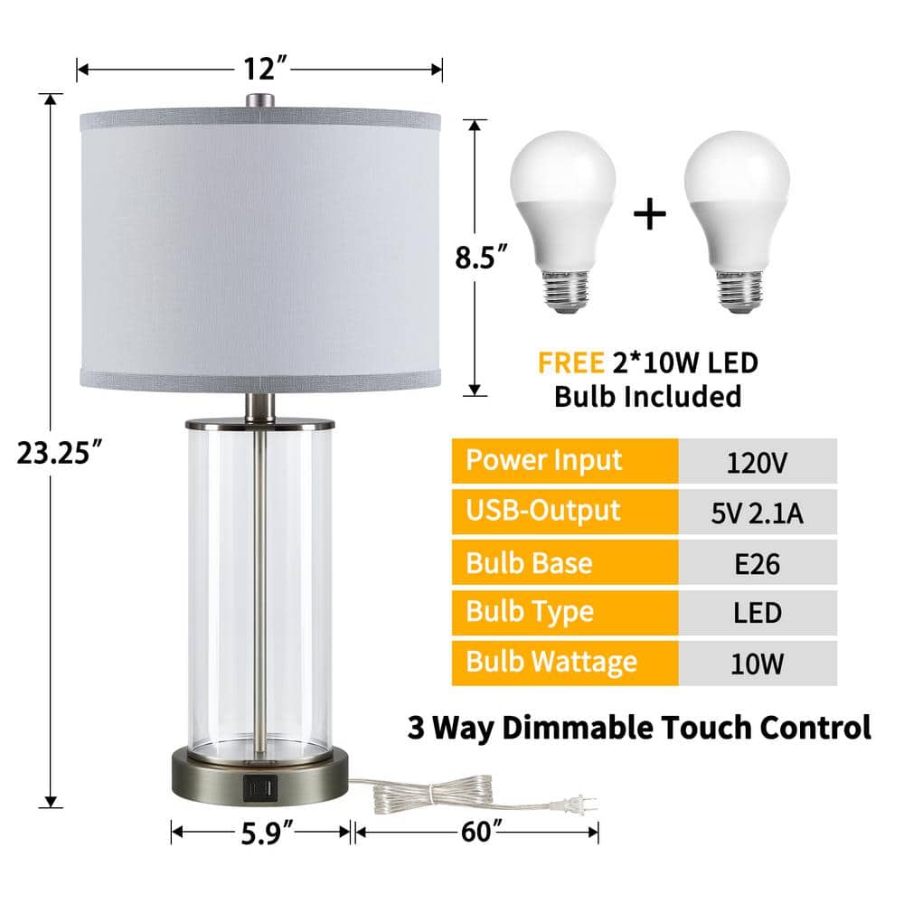 Brushed Nickel Glass Table Lamps with USB Ports and AC Outlet, Set of 2