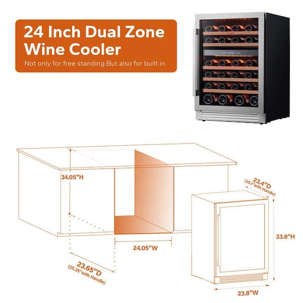 24 in. Dual Zone 52-Bottles Wine Cooler Freestanding/Built-In with Frost-Free Touch Panel in Stainless Steel
