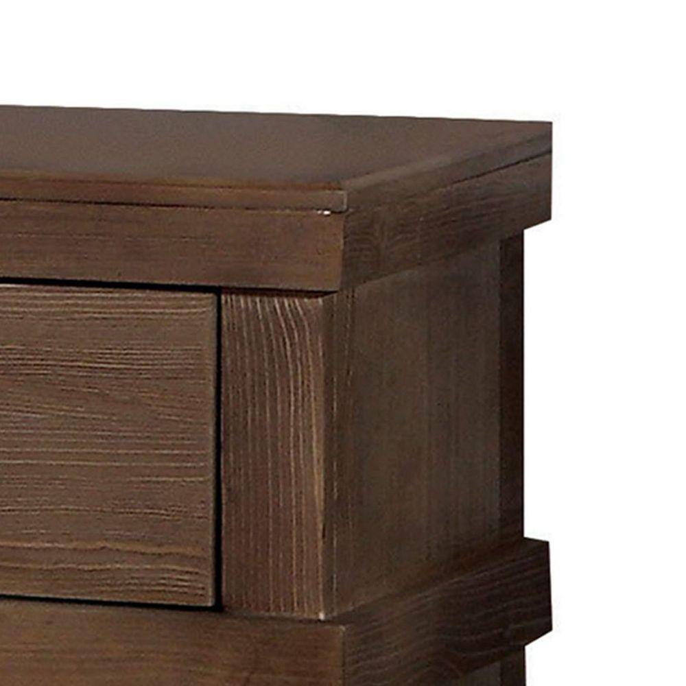 Antique Oak 2-Drawer Wooden Nightstand with Metal Handles