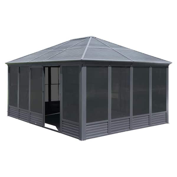 13 ft. x 16.5 ft. Gray Aluminum Sunroom Hardtop Gazebo with Galvanized Steel Double Roof