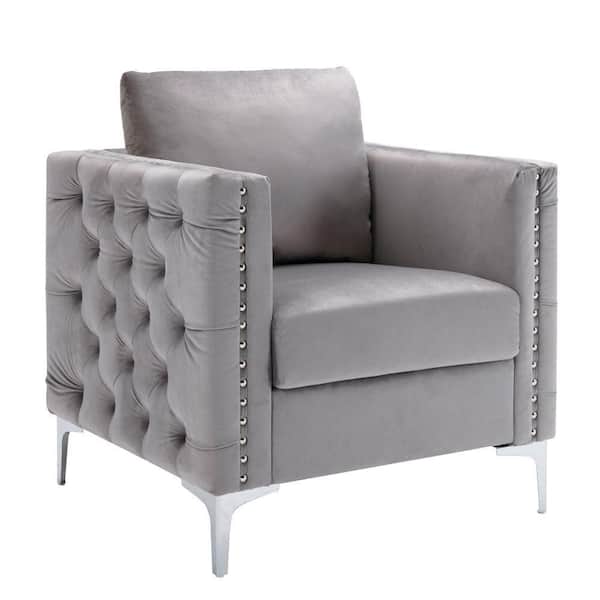 Unbranded Grey Modern Velvet Tufted Button Arm Chair with Steel Legs(Set of 1)