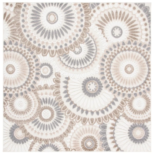 Cabana Gray/Ivory 5 ft. x 5 ft. Medallion Floral Indoor/Outdoor Square Area Rug