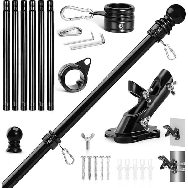 ATENGNES 7 ft. Black Stainless Steel Flag Poles with Metal Rotating Flag Pole Rings Clips, Holder Brackets Mounting Flag Pole Kit