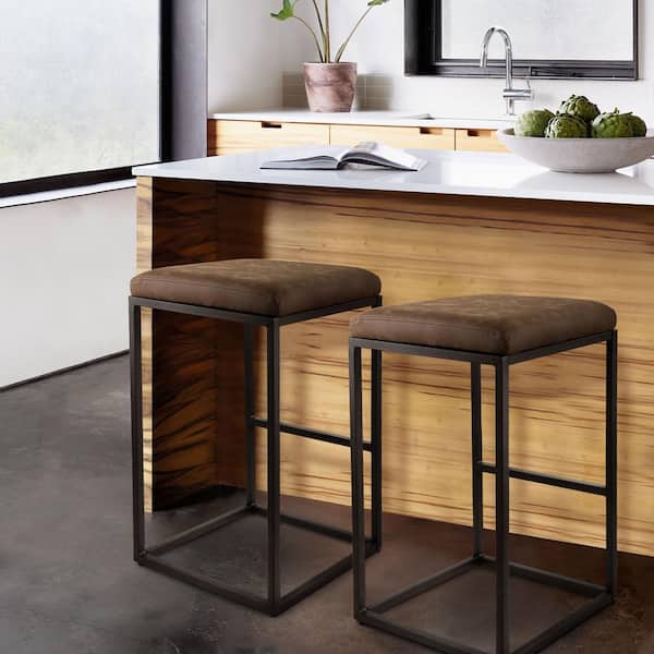 28 in. Brown Backless Faux Leather Bar Stool with Black Base (Set of 2)