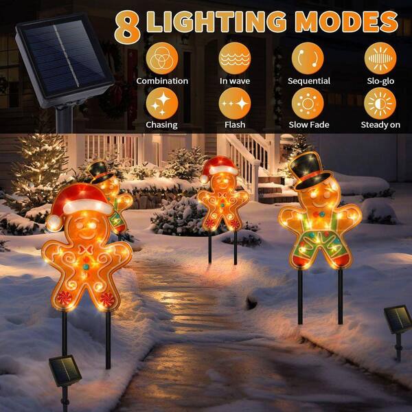2 PCS Gingerbread Man Solar Christmas Decorations Outdoor, 8 Modes