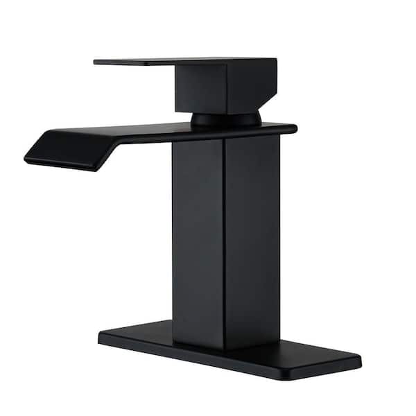 Single Handle Waterfall Spout Single Hole Bathroom Sink Faucet Bath Vanity Faucet with Pop-Up Drain in Matte Black