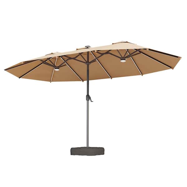 15 ft. Metal Market Rectangle Outdoor Patio Umbrella in Beige with Base & Solar RGB Lights for Deck, Backyard, Garden