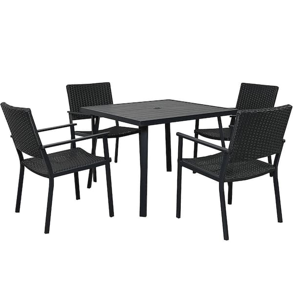Polibi Black 5-Piece PE Wicker Outdoor Patio Dining Table Set with Umbrella Hole and 4 Dining Chairs