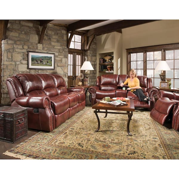 Hanover Aspen 100 Genuine Leather 3 Pc Set Double Reclining Sofa And Gliding Console Loveseat Plus Rocker Recliner Chair Oxblood