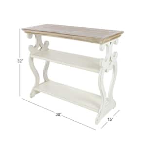 38 in. White Extra Large Rectangle Wood Scroll Side Frames 2 Shelf Console Table with Brown Wood Top