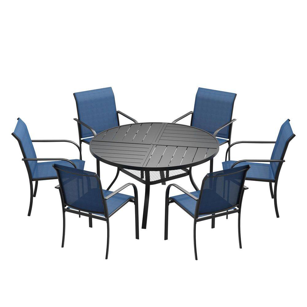 7-Piece Metal Outdoor Patio Dining Set with 47.2 in. Black Round Table and 6-Blue Dining Chairs price history on PriceWatchPro