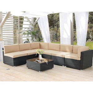 Black 7-Piece Patio PE Rattan Wicker Sofa Set Outdoor Sectional Conversation Furniture Chair Set with Beige Cushions
