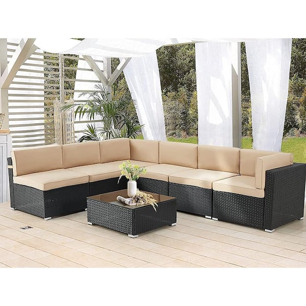 AECOJOY Black 7-Piece Patio PE Rattan Wicker Sofa Set Outdoor Sectional Conversation Furniture Chair Set with Beige Cushions