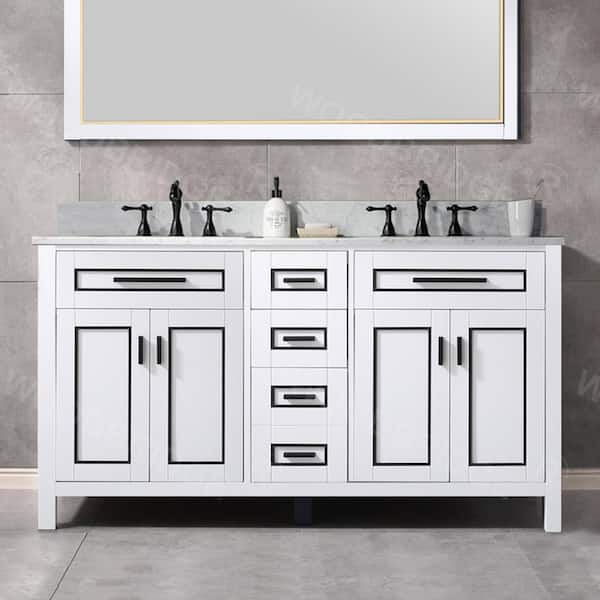 Millan 61 in.W x 22 in.D x 38 in.H Bath Vanity in White with Marble Vanity Top in White with White Sink