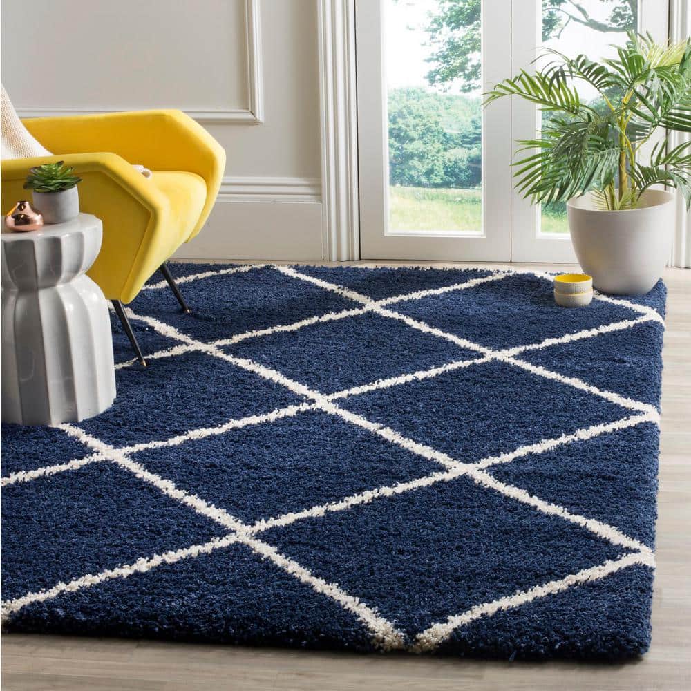 Navy and Ivory Diamond Shag Synthetic Area Rug 5'3" x 7'6"